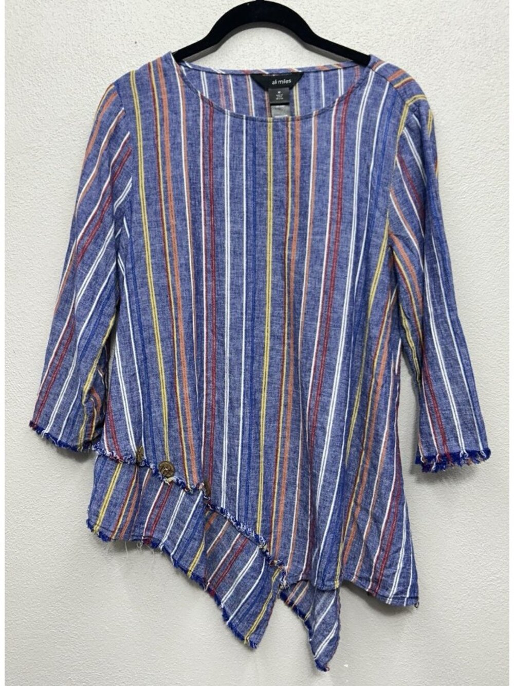 Ali Miles linen blend Shirt Womens Medium Striped Asymmetric Hem 3/4 Sleeve